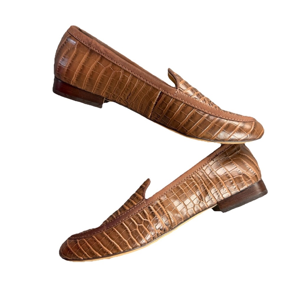 Lauren‎ Ralph Lauren Brown Croc Embossed Loafers Gold Logo Low Heel Sz 6.5W
